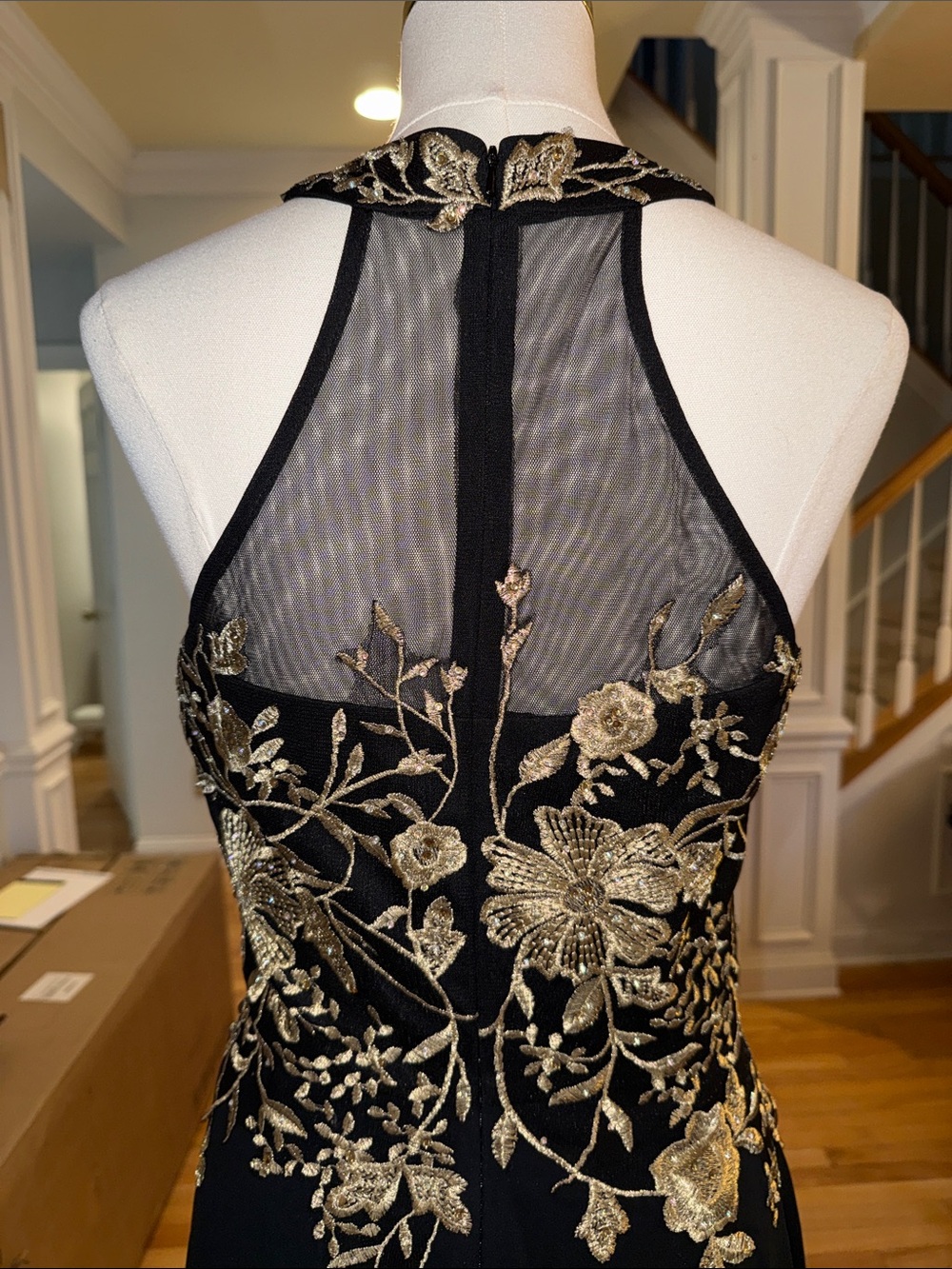 Betsy & AdamElegant Black Halter Evening Gown with Gold Floral Embroidery - Picture 5 of 5